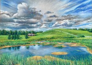 crow in front of the gap lake, canmore, oil on canvas, 17x11 in