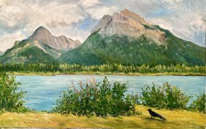 l 02 crow in front of the gap lake canmore oil on canvas 42x28 cm